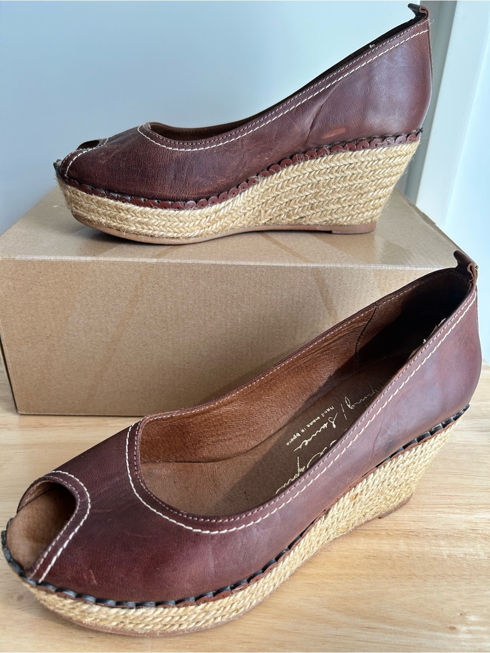 Gaimo Dark Bronze Leather Peep-Toe Wedge Espadrilles, size 39 / 8.5.